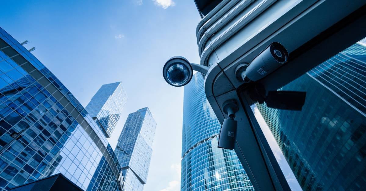 An exterior surviellance camera outside an office buidling