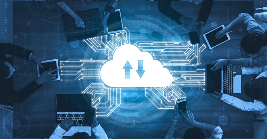 A digitized depiction of cloud conputing with a table of devices.