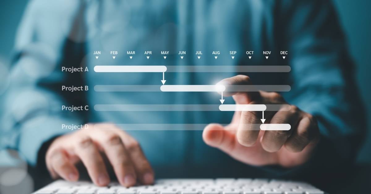 A male employee works through a digitized depiction of a project timeline. 