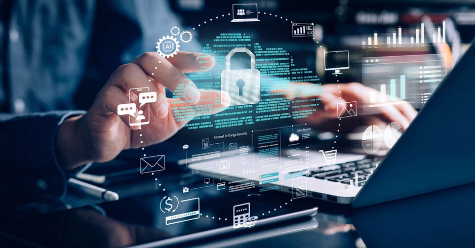 A closeup on an office worker's hands with a  digitized depiction of cloud computing security.