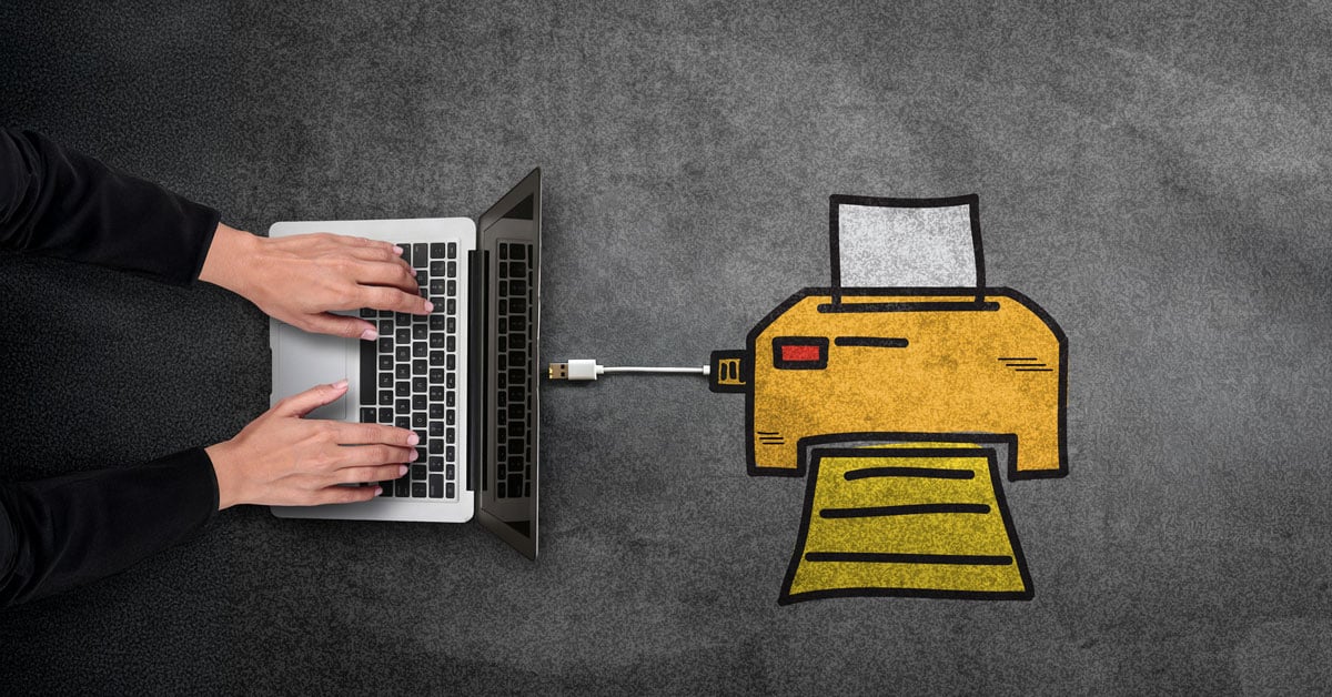 A chalkboard drawing of a printer connected to a laptop through a USB port. 
