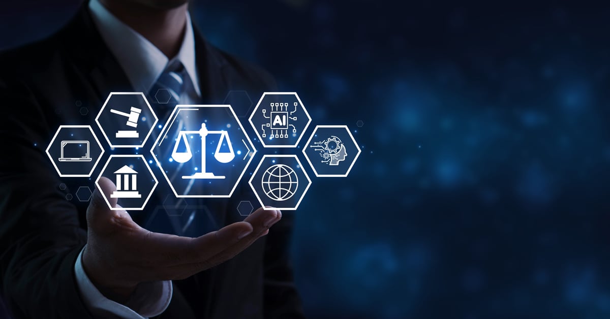Person holding legal IT support icons. 