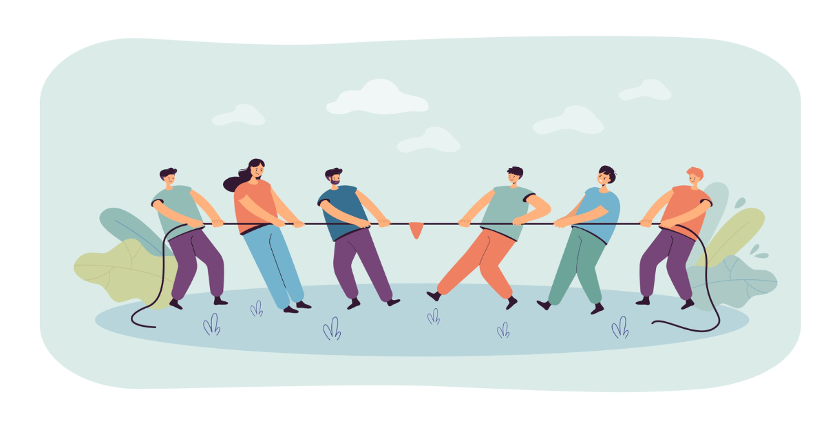 People playing tug of war. 