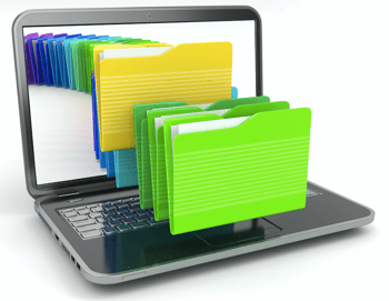 graphic of open laptop with file folders sitting on the keyboard and disappearing into the laptop screen