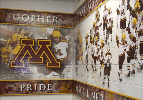 A wall mural depicting the Minnesota Gophers produced by a wide format printer.